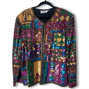 Laurence Kazar Vintage Women’s Silk Beaded Sequin Jacket Patchwork 80s 90s Sz L